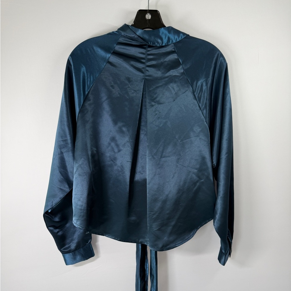 NWT Fanco Deep Teal Satin Tie-Front Blouse | Size Small - Picture 4 of 4